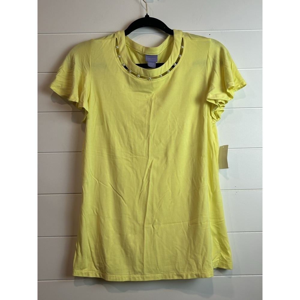 Laura Scott Womens‎ Faux Pearl Trim Flutter Sleeve Tee Yellow Missy Medium